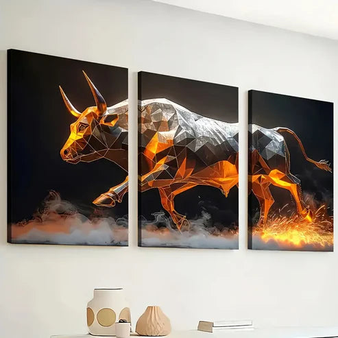 3pcs Modern Style Fashion Abstract Geometry Cattle Animal Art Wall Art Set Canvas Unframed - High Quality Print 100% Australian Made Wall Canvas