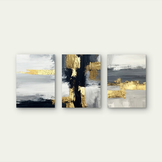 3pcs Modern Black Gray Gold Abstract Block    Wall Art Set Canvas Framed 40x60cm - High Quality Print 100% Australian Made Wall Canvas Ready to Hang