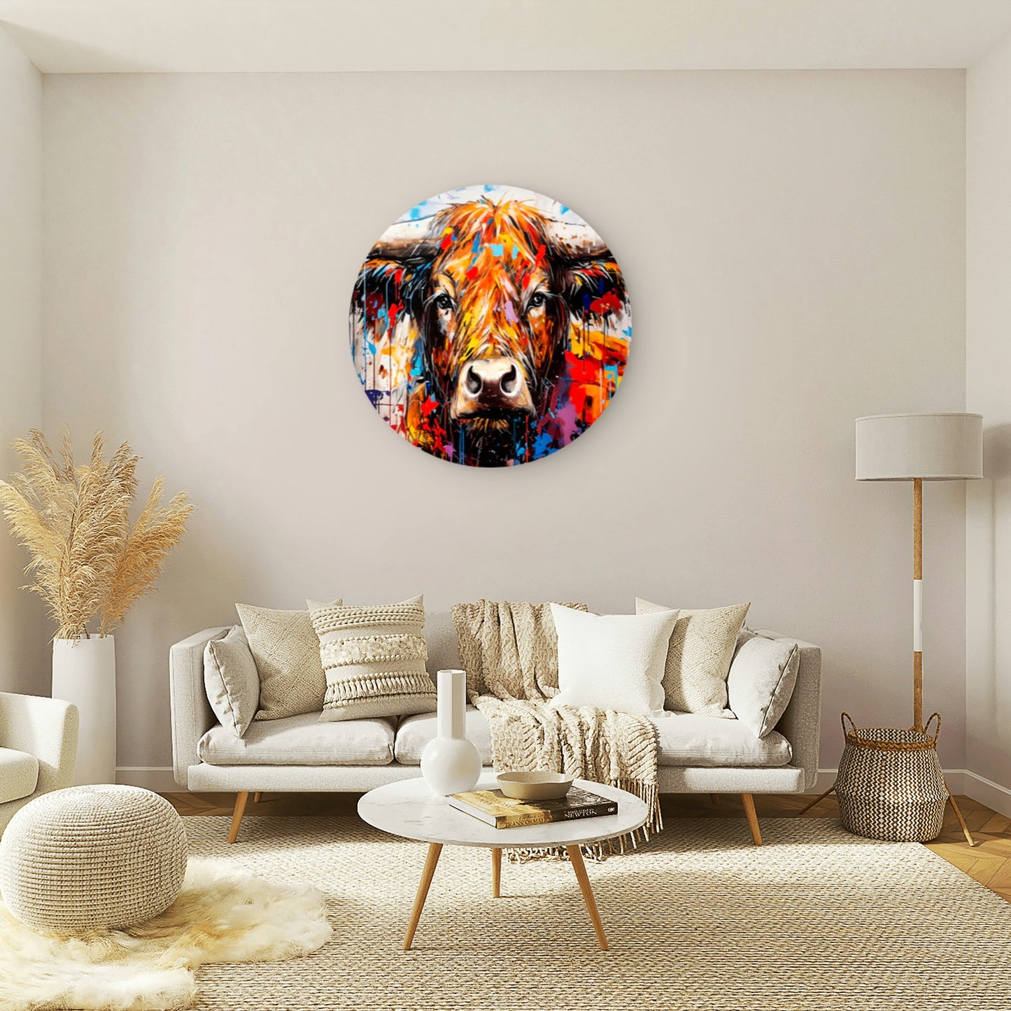 Multi-Color Abstract Highland Cow Acrylic Glass Rounded Print Tempered Glass Wall Art 100% Made in Australia Ready to Hang