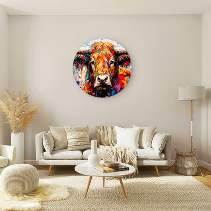 Multi-Color Abstract Highland Cow Acrylic Glass Rounded Print Tempered Glass Wall Art 100% Made in Australia Ready to Hang