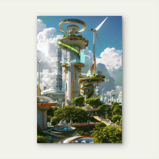 Metropolis Futuristic Cityscape With Green Energy 60x90cm Metal Print Ready to Hang