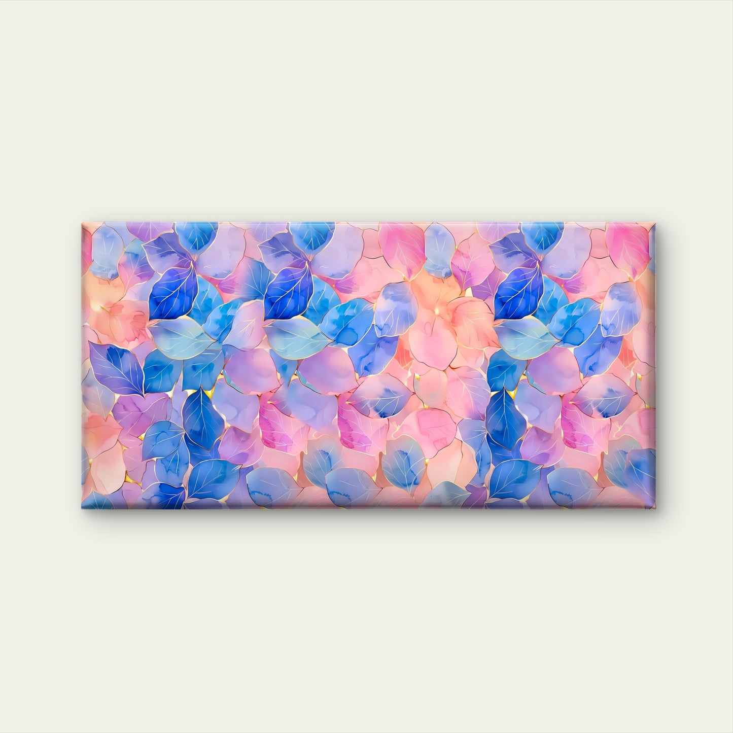 Watercolor Blue Pink Leaves Gold Veins Pattern Wall Art Canvas Office Home Room Framed 120x60cm