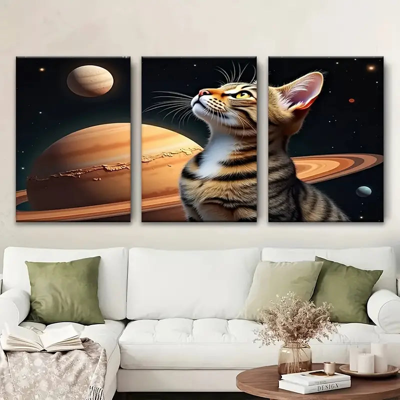 3pcs Humorous Cat Planet Metal Print Ready to Hang Art