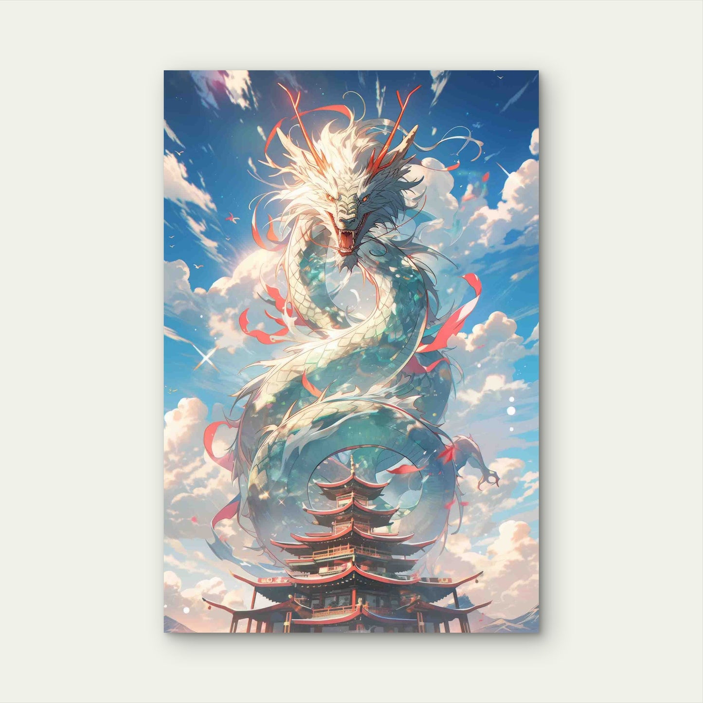 Dragon Flying Above Clouds and Pagodas Metal Print Ready to Hang