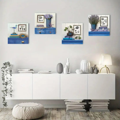 4pcs  Vintage Blue  Lavender & Nature Themes   Wall Art Canvas Framed