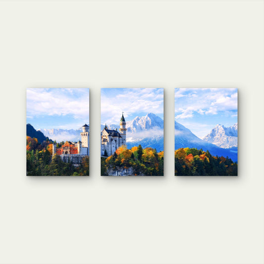 3pcs Alpine Fairytale Castle Mountain Valley Metal Print Ready to Hang Art