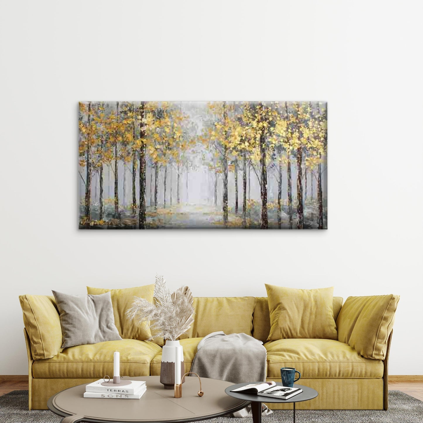 Golden Trees in a Misty Forest Wall Art Canvas Office Home Room Framed 120x60cm