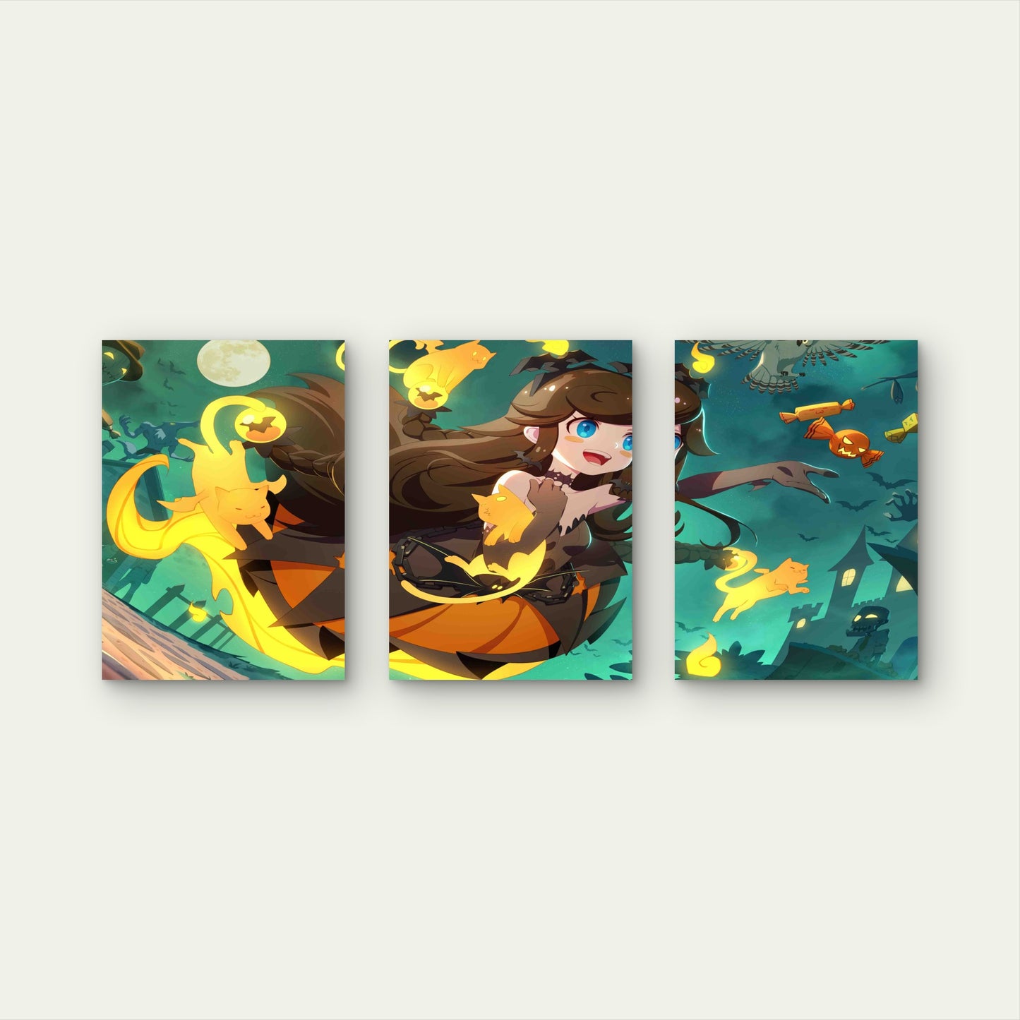 3pcs Cute Anime Witch Halloween Pumpkin Spooky Metal Print Ready to Hang Art
