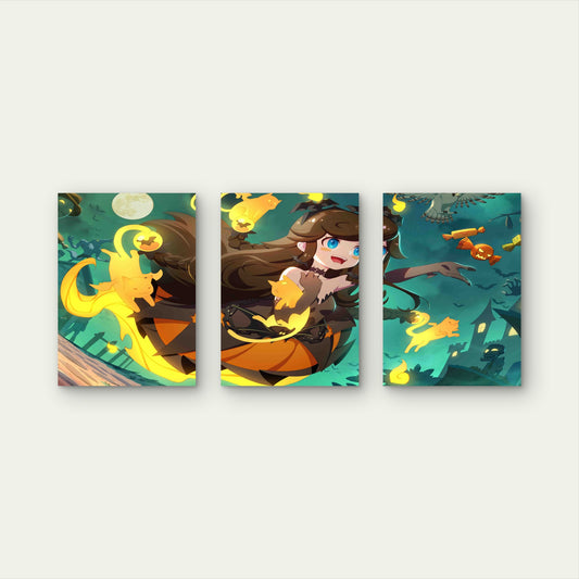 3pcs Cute Anime Witch Halloween Pumpkin Spooky Metal Print Ready to Hang Art