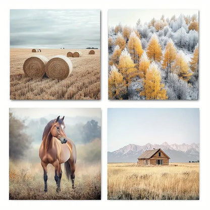 4pcs Abstract Rural Field Horse & Straw Wall Art Canvas Framed