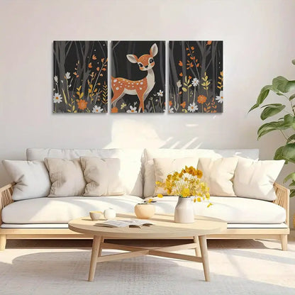 3pcs Vibrant Forest Scene with Detailed Foliage Deer Metal Print Ready to Hang Art