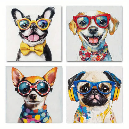 4pcs Abstract Dog & Panda Wall Decor With Glasse Wall Art Canvas Framed