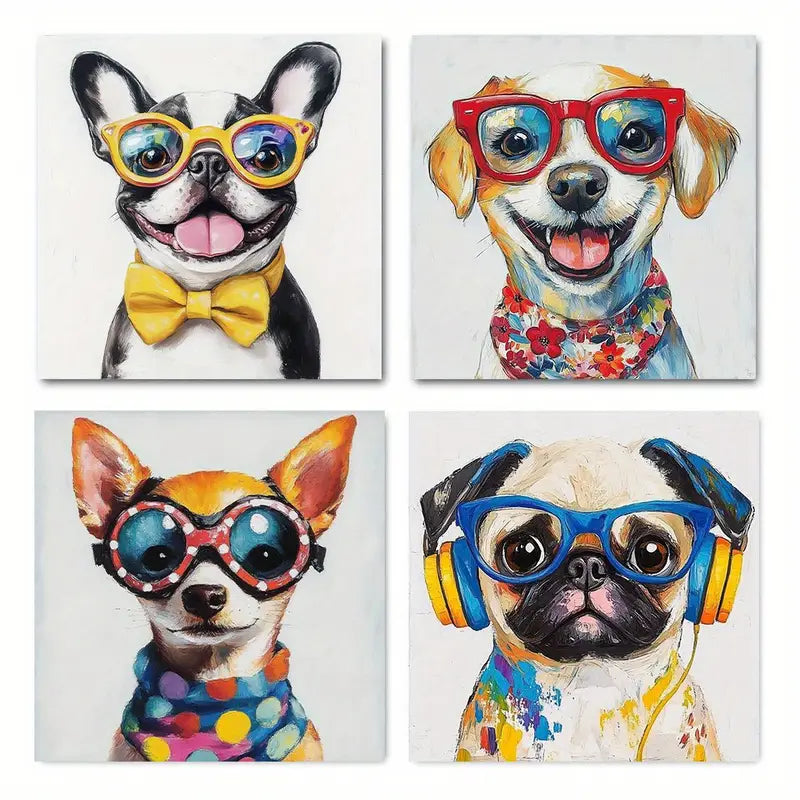 4pcs Dog With Glasses, Bow Ties & Headphones  Wall Art Canvas Framed
