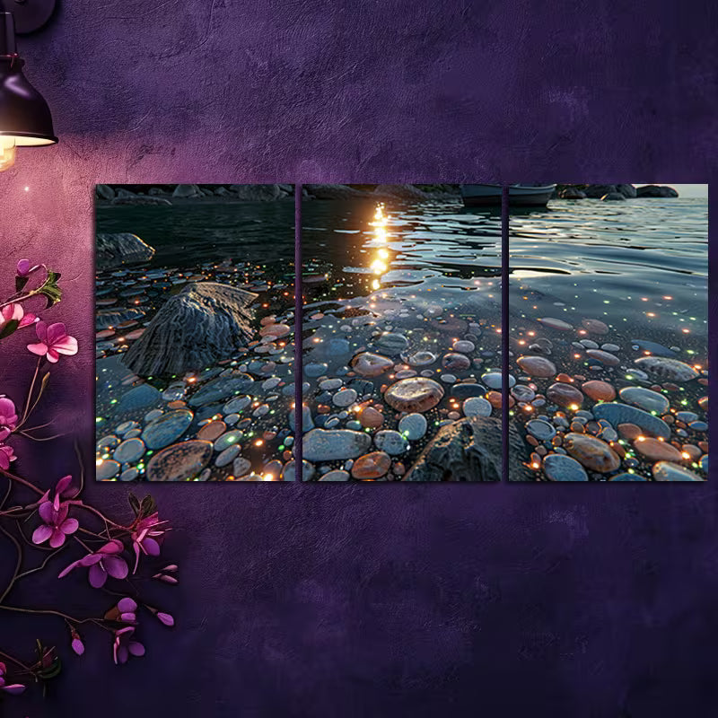 3pcs Pale Blue Beach Scene with Glowing Stones Wall Art Set Canvas Framed 40x60cm - High Quality Print 100% Australian Made Wall Canvas Ready to Hang