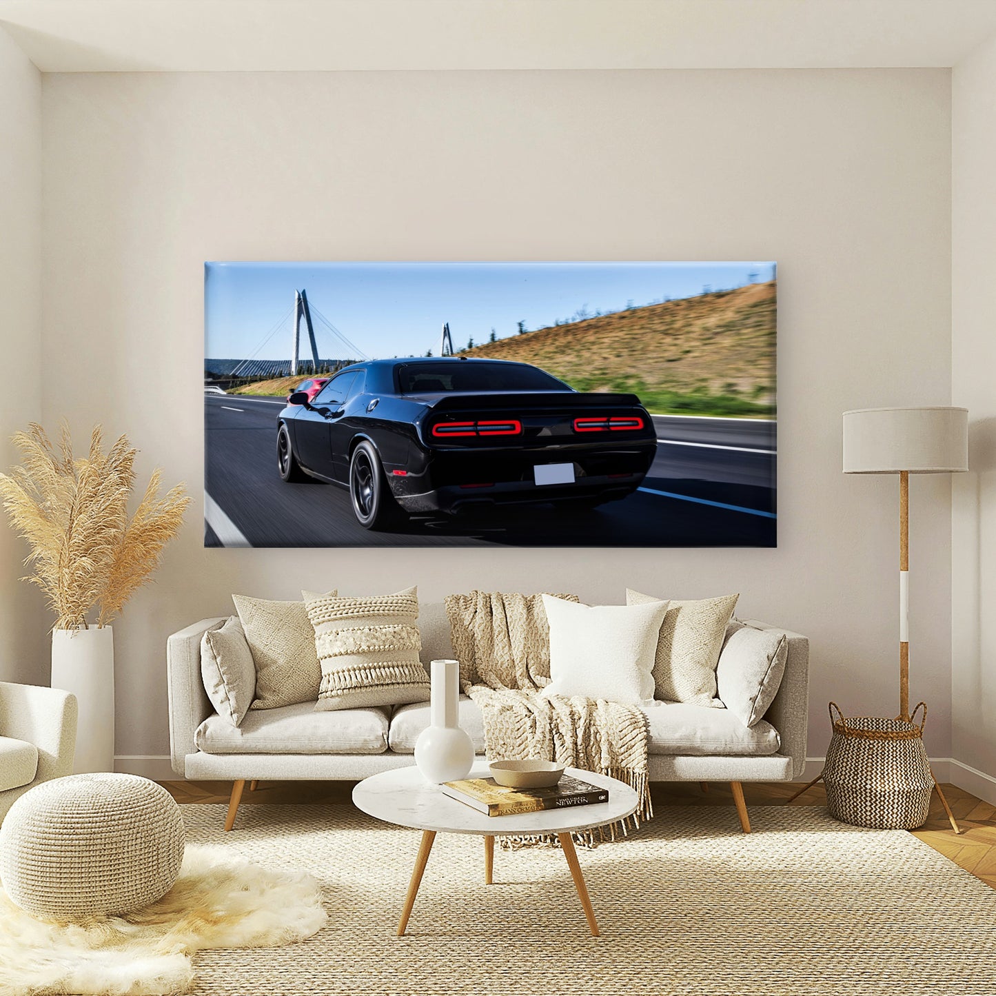 Black Muscle Car On Highway Wall Art Canvas Office Home Room Framed 120x60cm