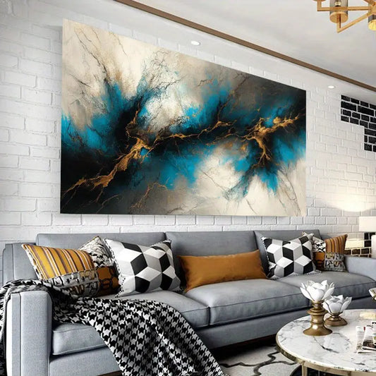 Black & Blue with Golden Accents Fluid Abstract Design Wall Art wall canvas office home room framed 120x60cm