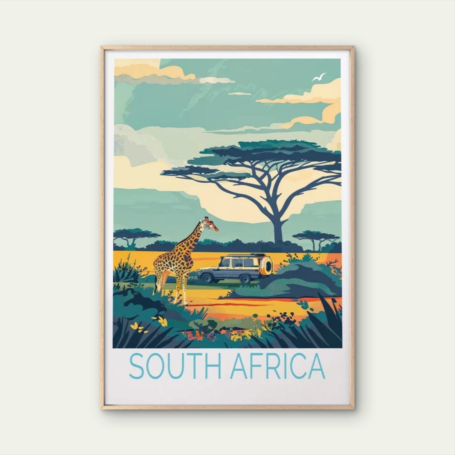 South Africa, Giraffe and Jeep in Jungle Travel Poster Print Wall Art