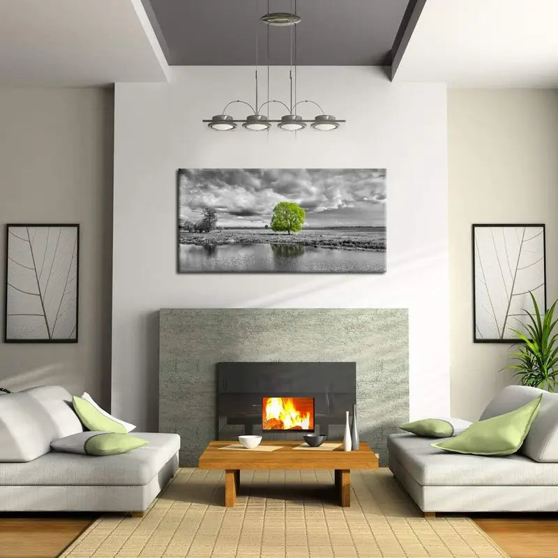 Green Tree Black & White Modern Giclee Wall Art canvas office home room framed 120x60cm - Bella Home Decor