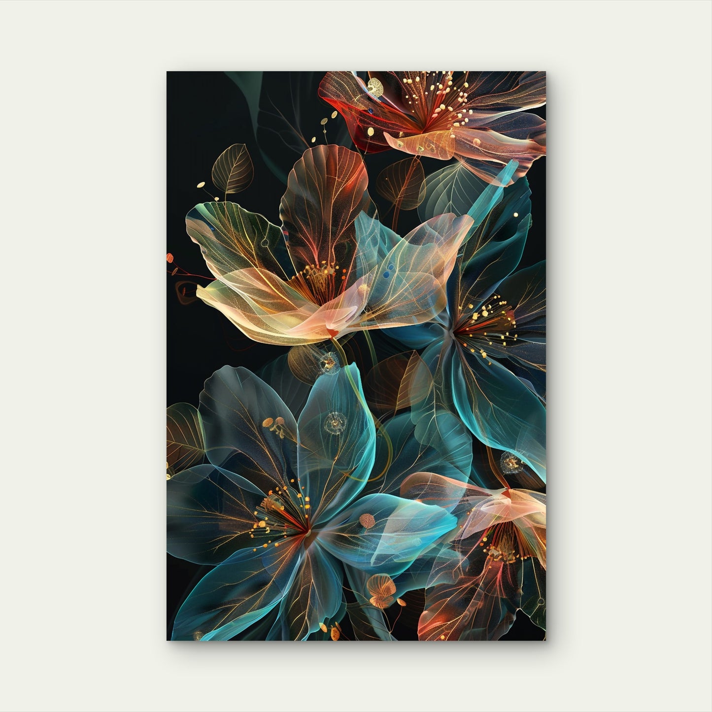 Teal Orange Transparent Floral Painting 40x60cm Metal Print Ready to Hang
