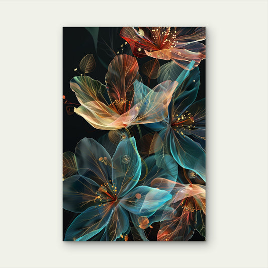 Teal Orange Transparent Floral Painting 40x60cm Metal Print Ready to Hang