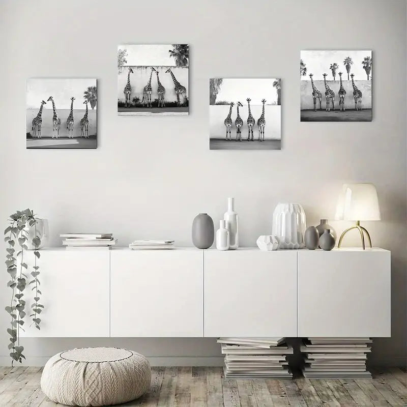 4pcs Black And White Giraffe Prin Theme Wall Art Canvas Framed