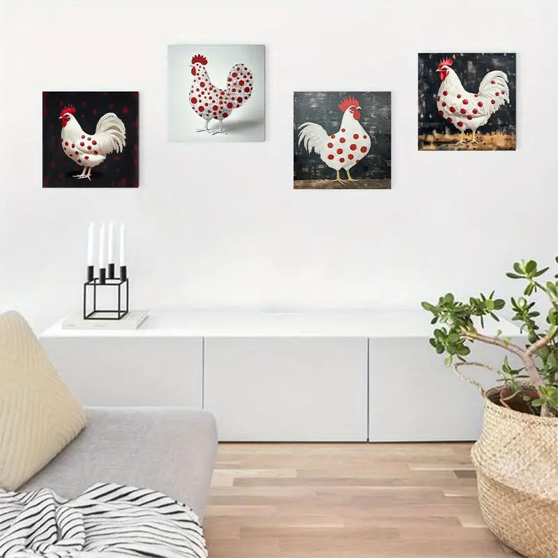 4pcs Rooster Wall Art - Abstract Polka Dot Textu Wall Art Canvas Framed - Bella Home Decor