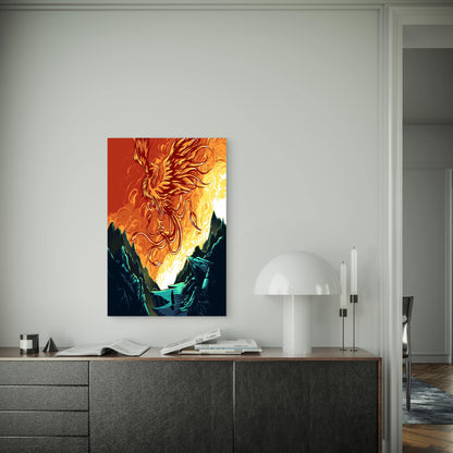Fiery Phoenix Rising Above Lava River 60x90cm Metal Print Ready to Hang
