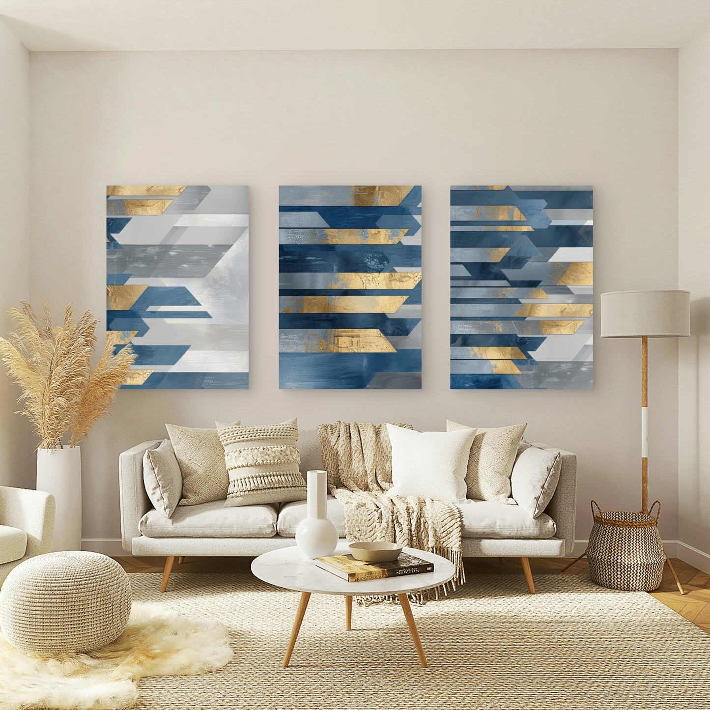 3pcs Modern Geometric Indigo Blue Gold    Wall Art Set Canvas Framed 50x70cm - High Quality Print 100% Australian Made Wall Canvas Ready to Hang