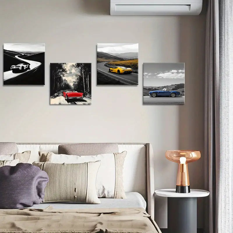 4pcs Black And White Photos  sports cars  Wall Art Canvas Framed
