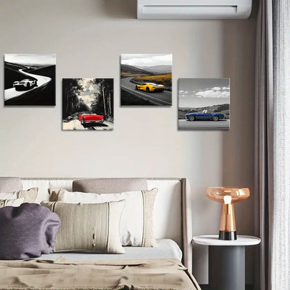4pcs Black And White Photos  sports cars  Wall Art Canvas Framed