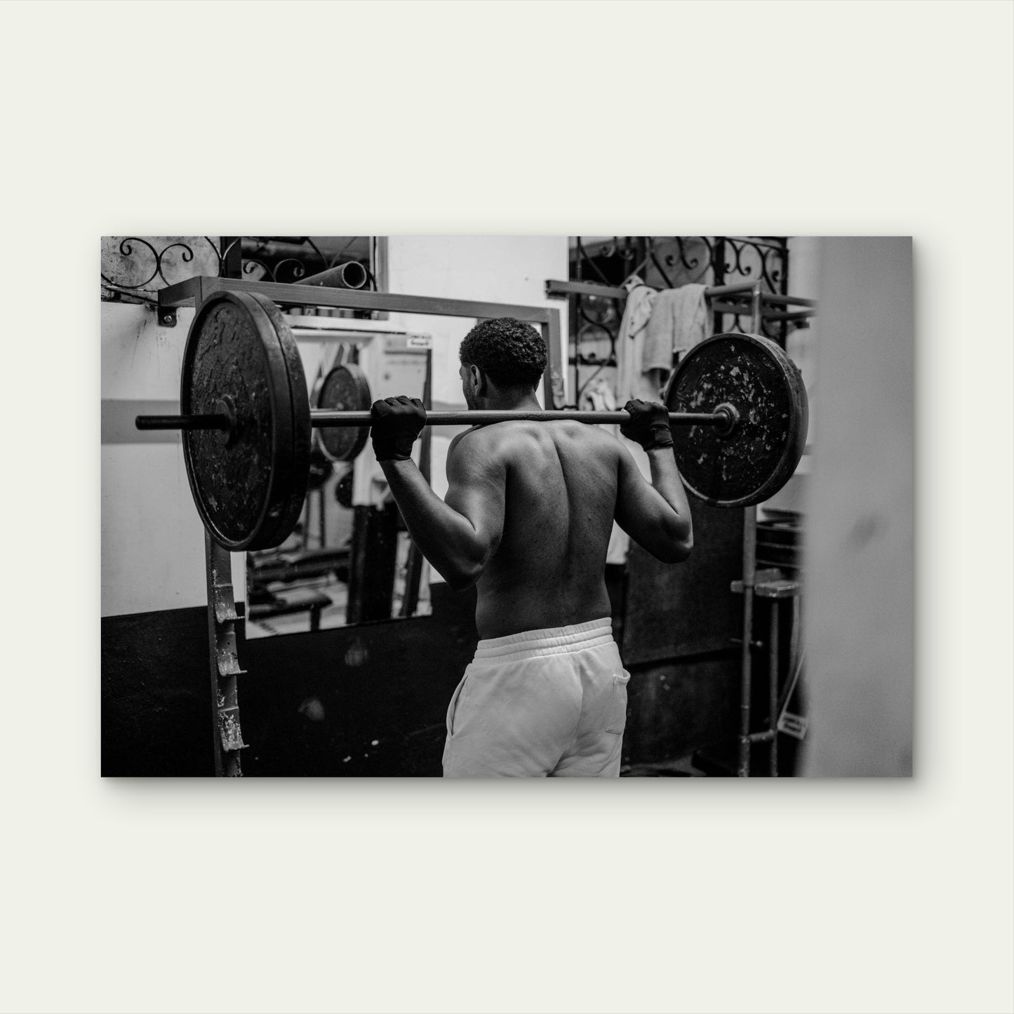 Black and White Man Barbell Back Squat Heavy Iron Gym Workout 5mm thick Plastic Poster Ready to Hang 90x60cm
