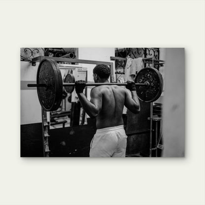 Black and White Man Barbell Back Squat Heavy Iron Gym Workout 5mm thick Plastic Poster Ready to Hang 90x60cm