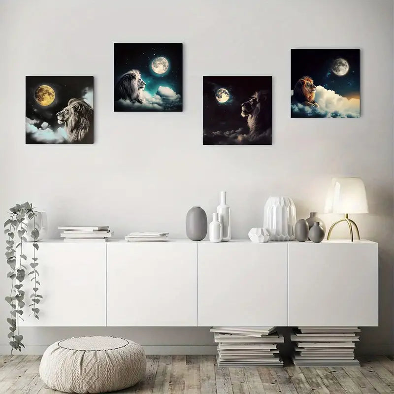 4pcs Lion Moon Art Prints, Black And White Lion Wall Art Canvas Framed