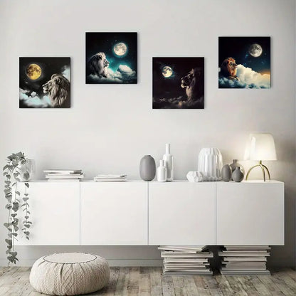 4pcs Lion Moon Art Prints, Black And White Lion Wall Art Canvas Framed