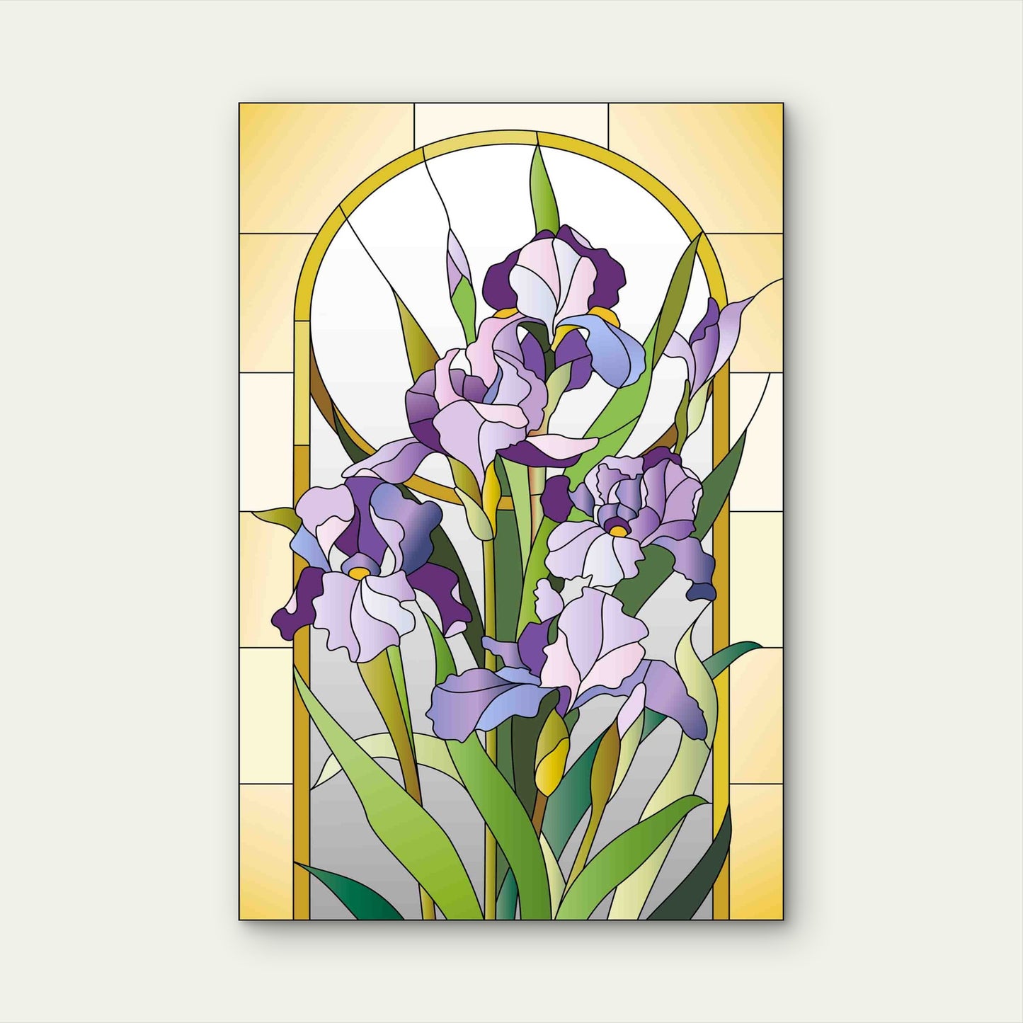 Purple Irises in Elegant Stained Glass 40x60cm Metal Print Ready to Hang - Bella Home Decor