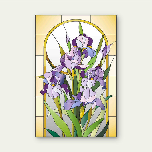 Purple Irises in Elegant Stained Glass 40x60cm Metal Print Ready to Hang