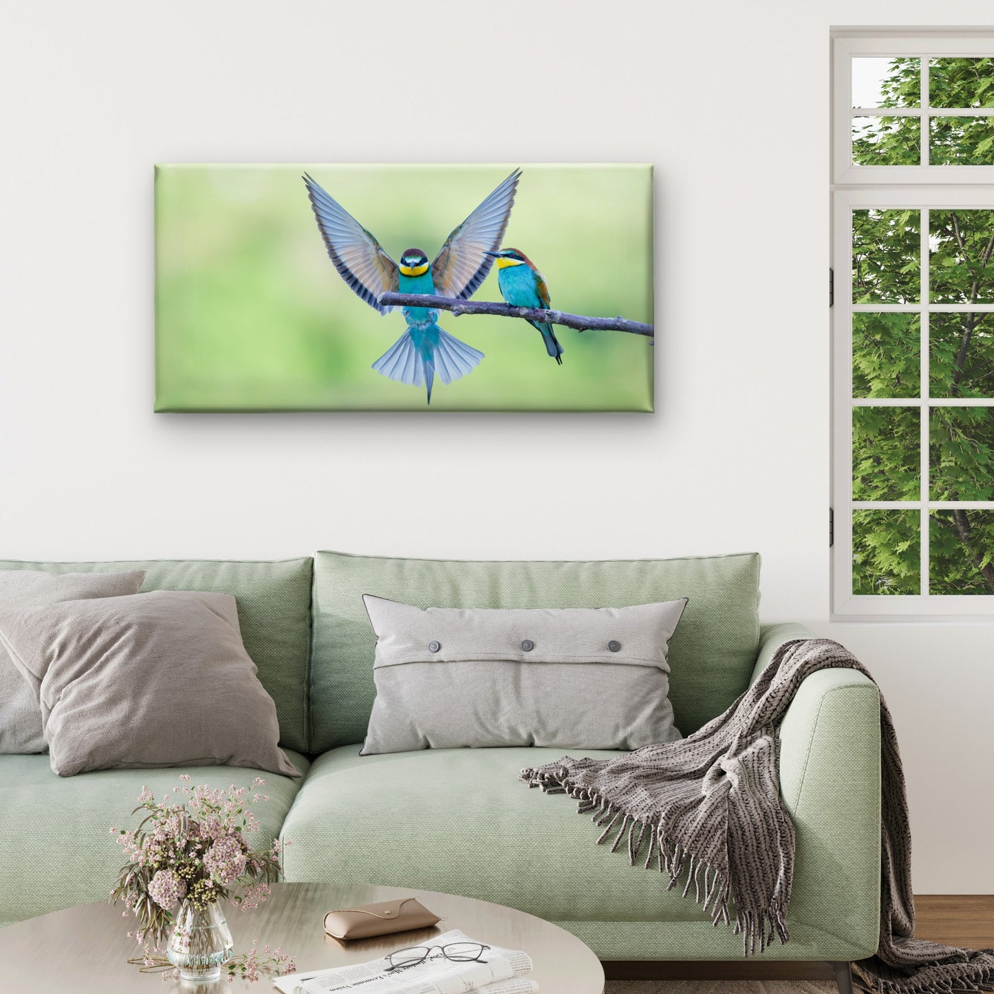 Bee Eaters With Multicolored Feathers Sitting Tree Branch Wall Art Canvas Office Home Room Framed 120x60cm