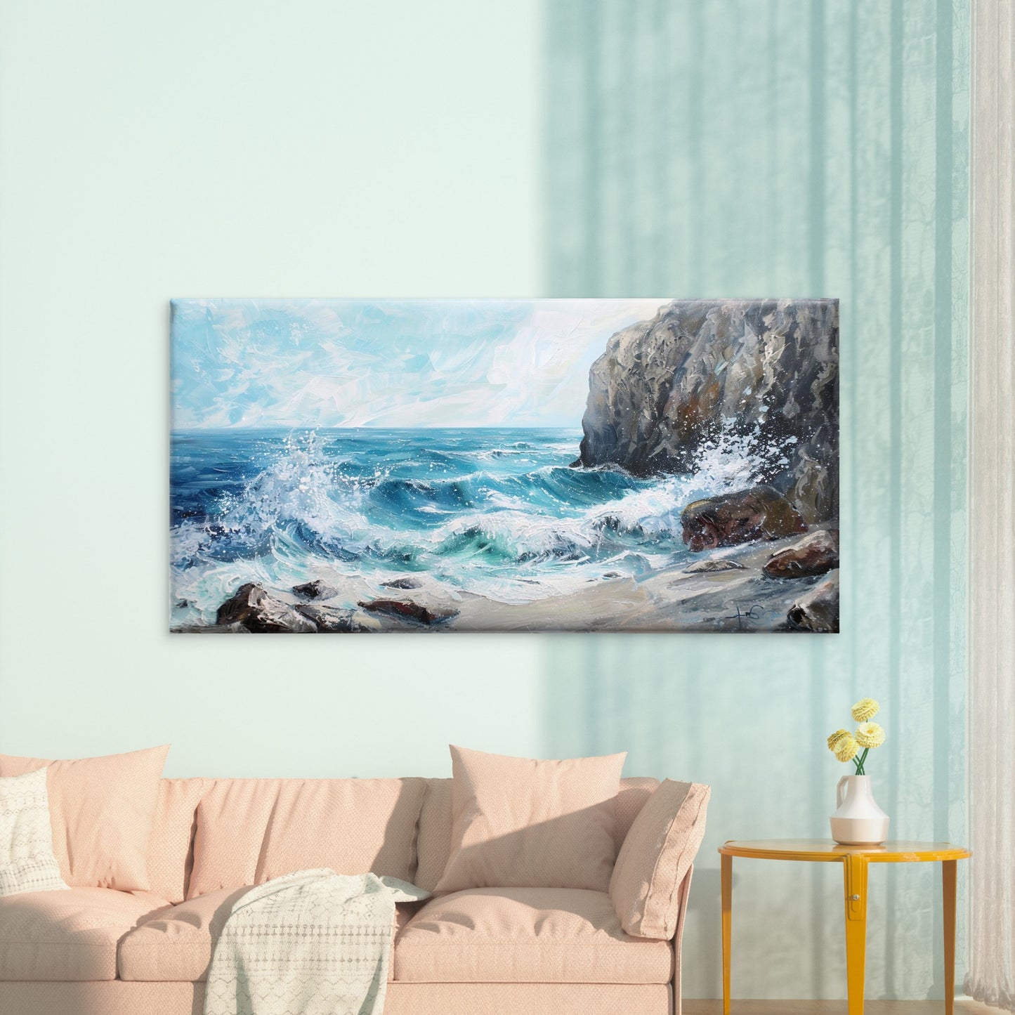 Waves Crashing On Rocky Shore Wall Art Canvas Office Home Room Framed 120x60cm