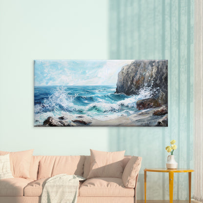 Waves Crashing On Rocky Shore Wall Art Canvas Office Home Room Framed 120x60cm