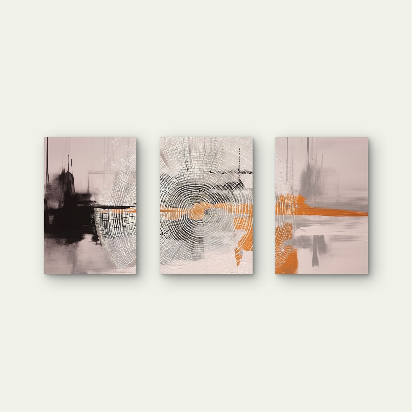3pcs Abstract Grey Black Orange Wood Rings Wall Art Set Canvas Framed 60x90cm - High Quality Print 100% Australian Made Wall Canvas Ready to Hang