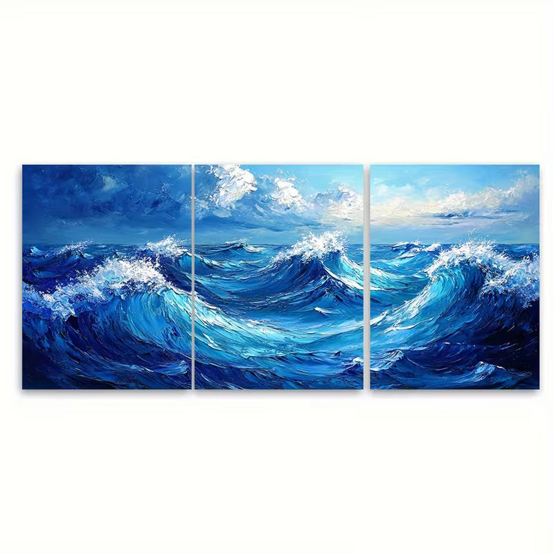 3pcs Abstract Blue Sea Wave Metal Print Ready to Hang Art - Bella Home Decor