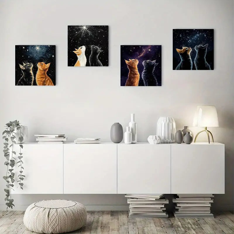 4pcs Whimsical Starry Night Cat Canvas Art Prints Wall Art Canvas Framed