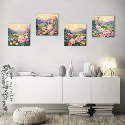 4pcs Floral & Mountain Landscape, Pink Peonie Wall Art Canvas Framed