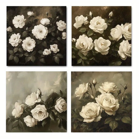 4pcs Vintage flower Art Deco Classic Green   Wall Art Canvas Framed