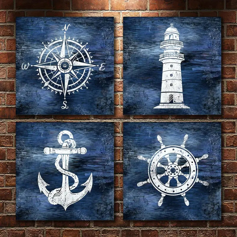 4pcs Boat Anchor,Compass & Lighthouse In Navy B Wall Art Canvas Framed - Bella Home Decor