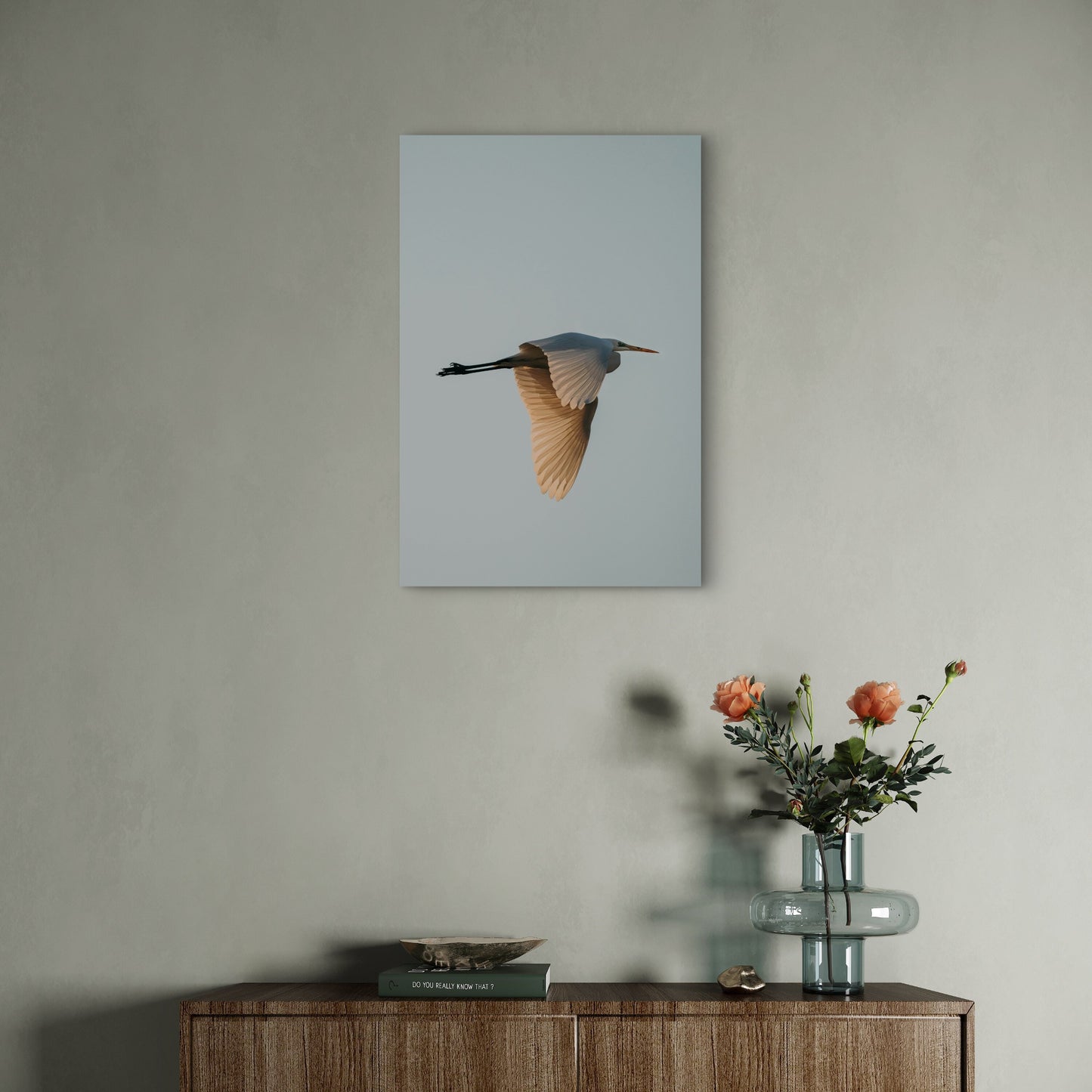 A Great Egret in Flight Against a Pale Sky 60x90cm Metal Print Ready to Hang