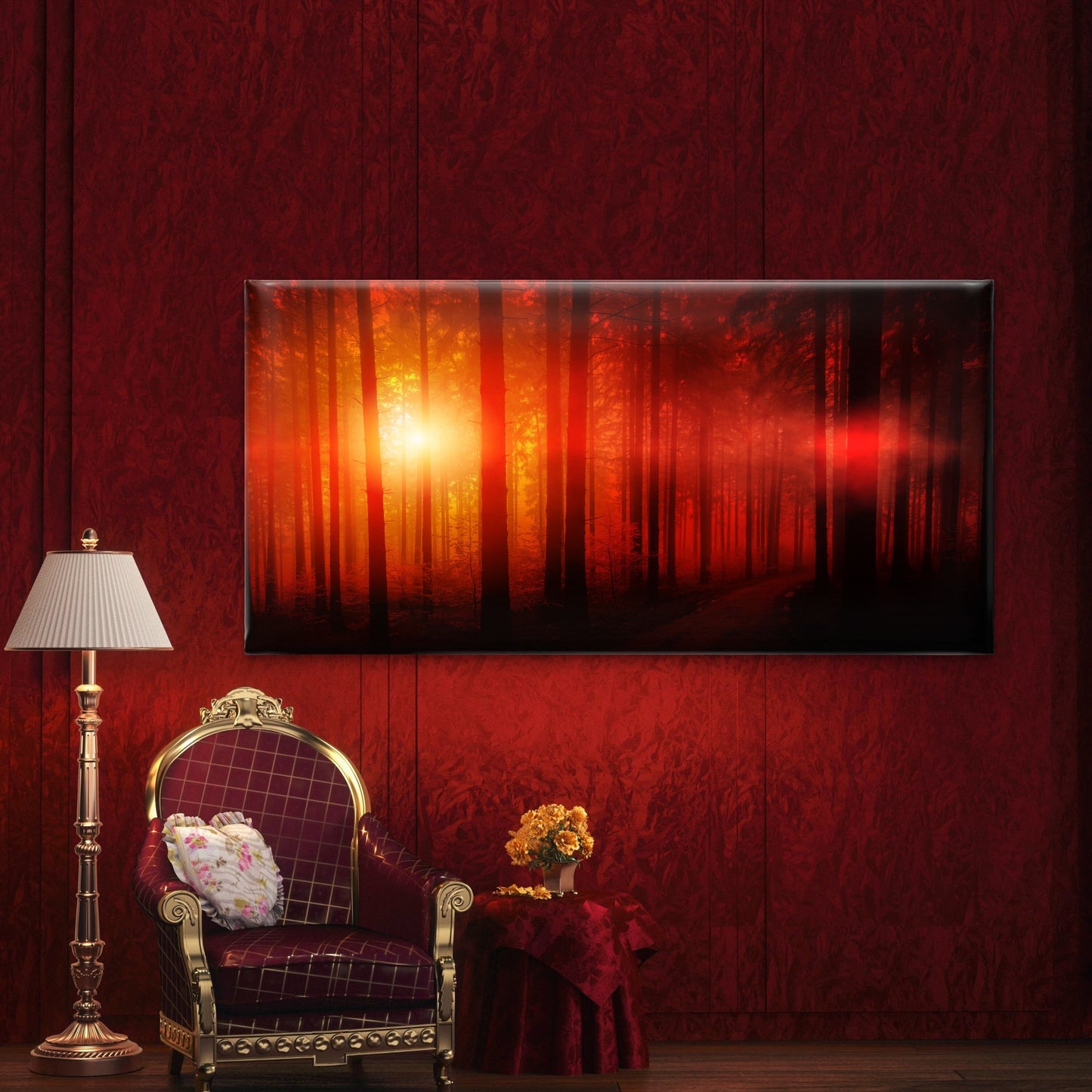 Red Forest Golden Sun Wall Art Canvas Office Home Room Framed 120x60cm