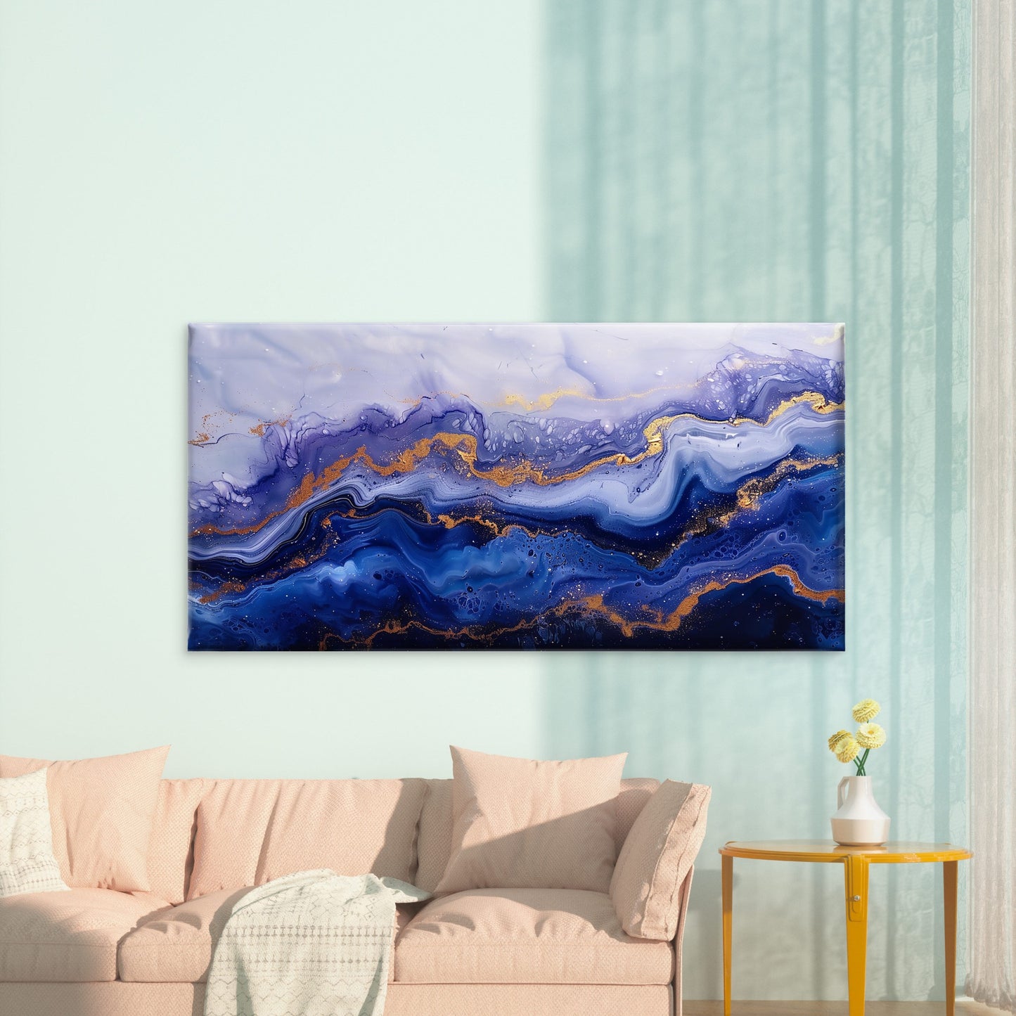 Ethereal Indigo Gilded Fluid Wall Art Canvas Office Home Room Framed 120x60cm - Bella Home Decor