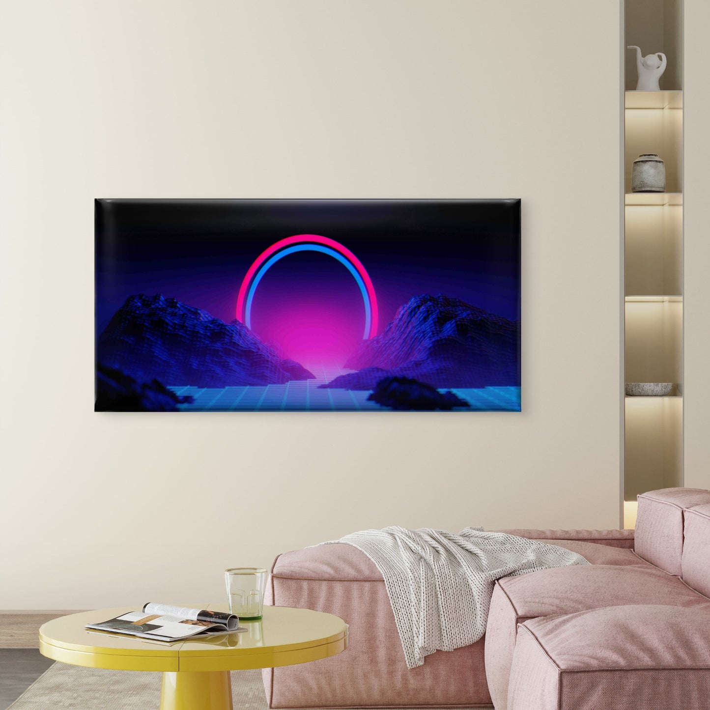 Neon Glow Over Digital Mountain Wall Art Canvas Office Home Room Framed 120x60cm - Bella Home Decor