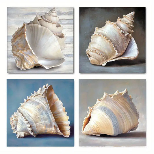 4pcs Decor Beach Shell Art Prin Wall Art Canvas Framed